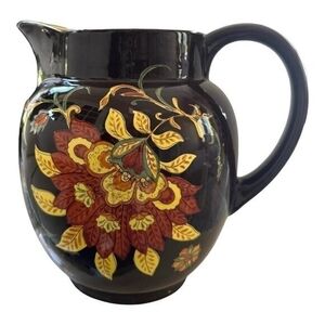 LAURIE GATES Pottery HandPainted Floral Pitcher Milk Jug Porcelain 8.5” Farmhous